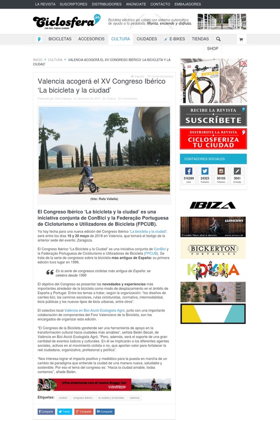 Valencia acogerá el XV Congreso Ibérico ‘La bicicleta y la ciudad’